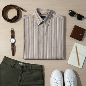 Men's Striped Button-Down Shirt - Brown and White